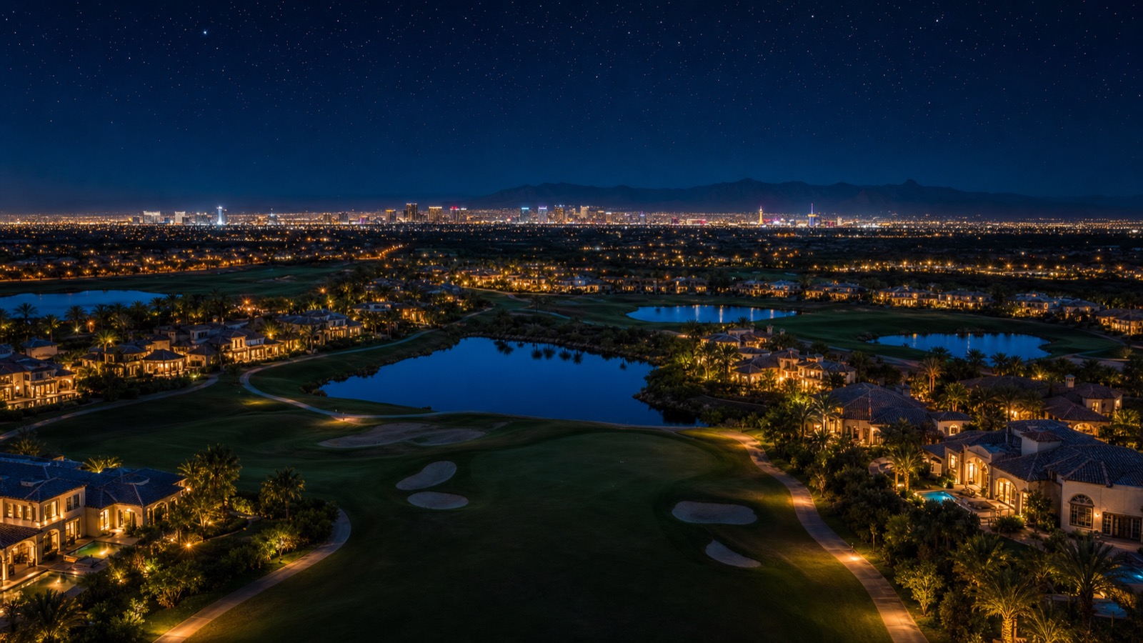 Twilight view of an illuminated golf course community in Las Vegas with mountain ridge silhouette